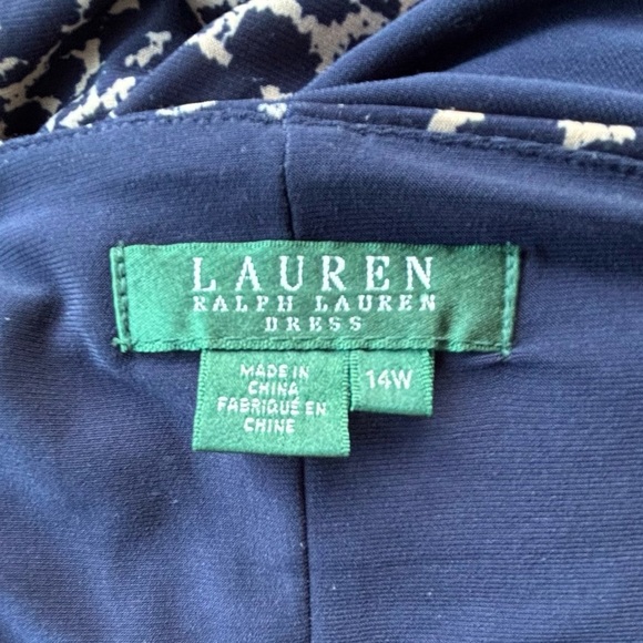 Lauren Ralph Lauren Navy Blue and Cream Ruched Long Sleeve Dress - Picture 3 of 7